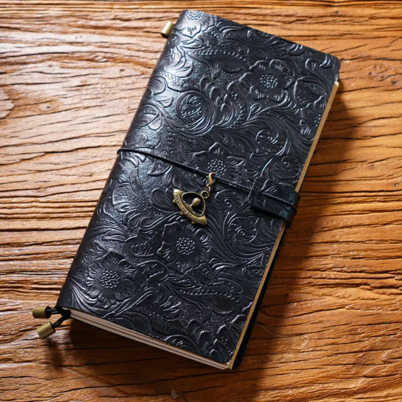 Creative vintage engraving cowhide travel notepad in black A5 size with genuine leather cover