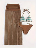 Women's brown bikini set with long fishnet skirt, rose pink and black options also available.