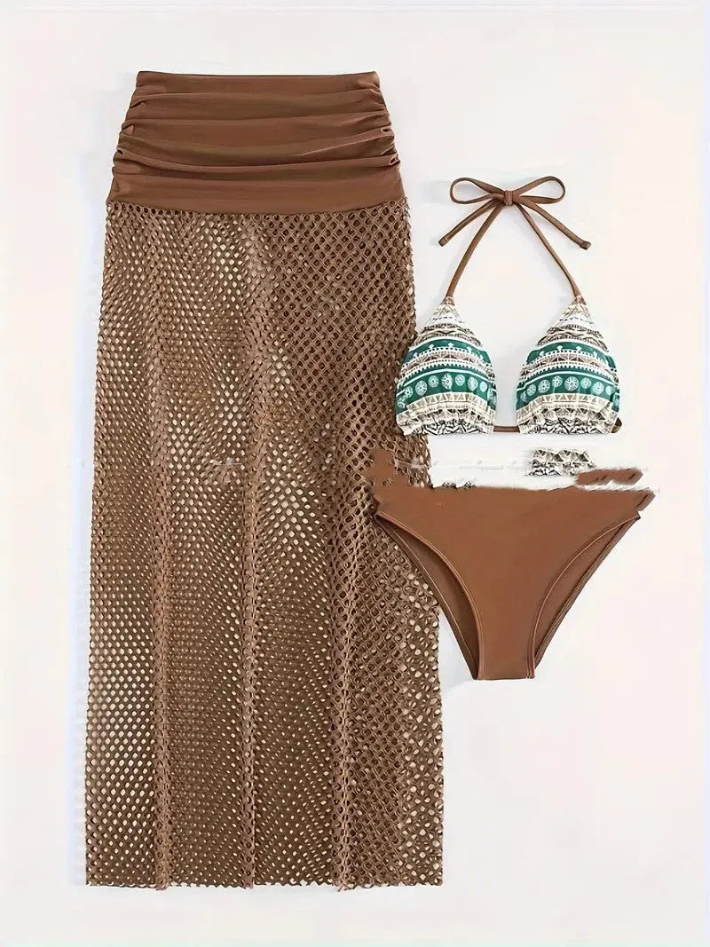 Women's brown bikini set with long fishnet skirt, rose pink and black options also available.
