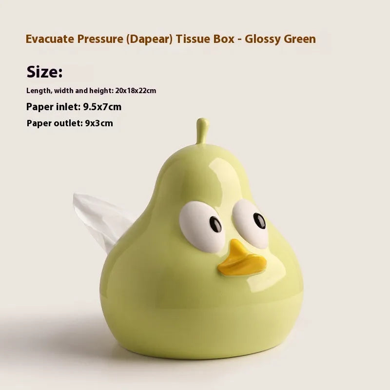 White ceramic pear-shaped tissue box with animal-themed design in green colour option