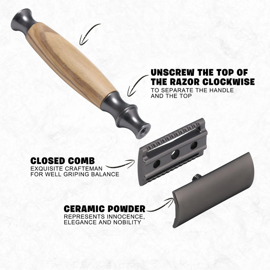 Copper manual shaving razor with olive wood handle and aluminium alloy holder on a stand