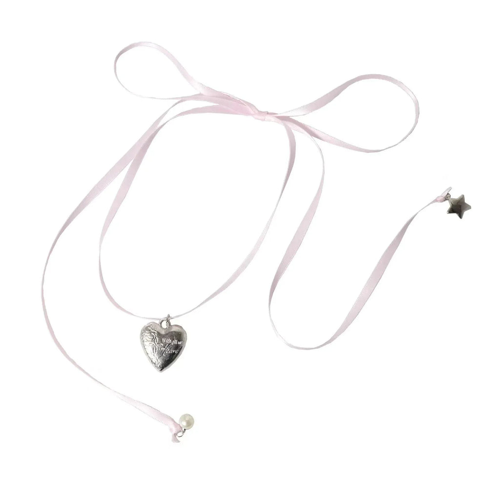 Women's ribbon love pendant fashion necklace on clavicle-length alloy chain with electroplated finish