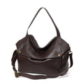 Brown genuine leather women's commuter shoulder bag showing horizontal square design and shoulder strap