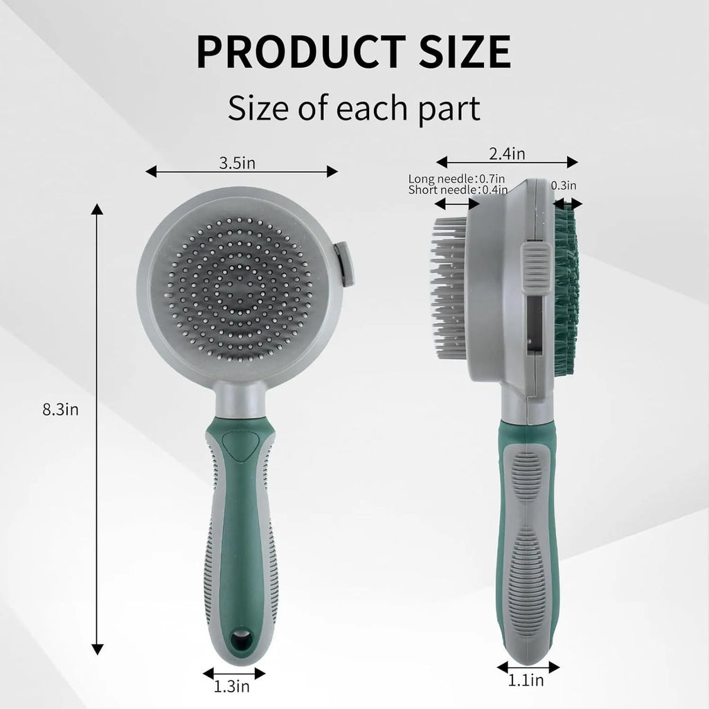 Green and pink two-sided silicone cat grooming brush with retractable slicker and massage pins