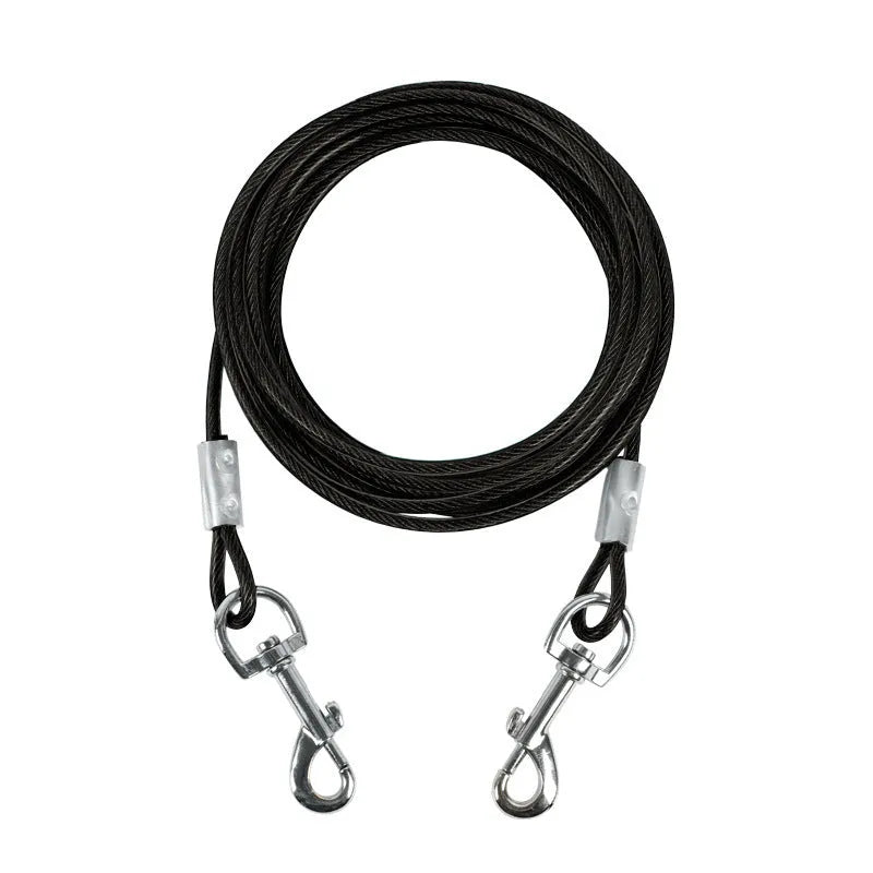 Hand holding rope iron chain double-headed dog leash for two dogs, steel wire, blue colour, 5mm size