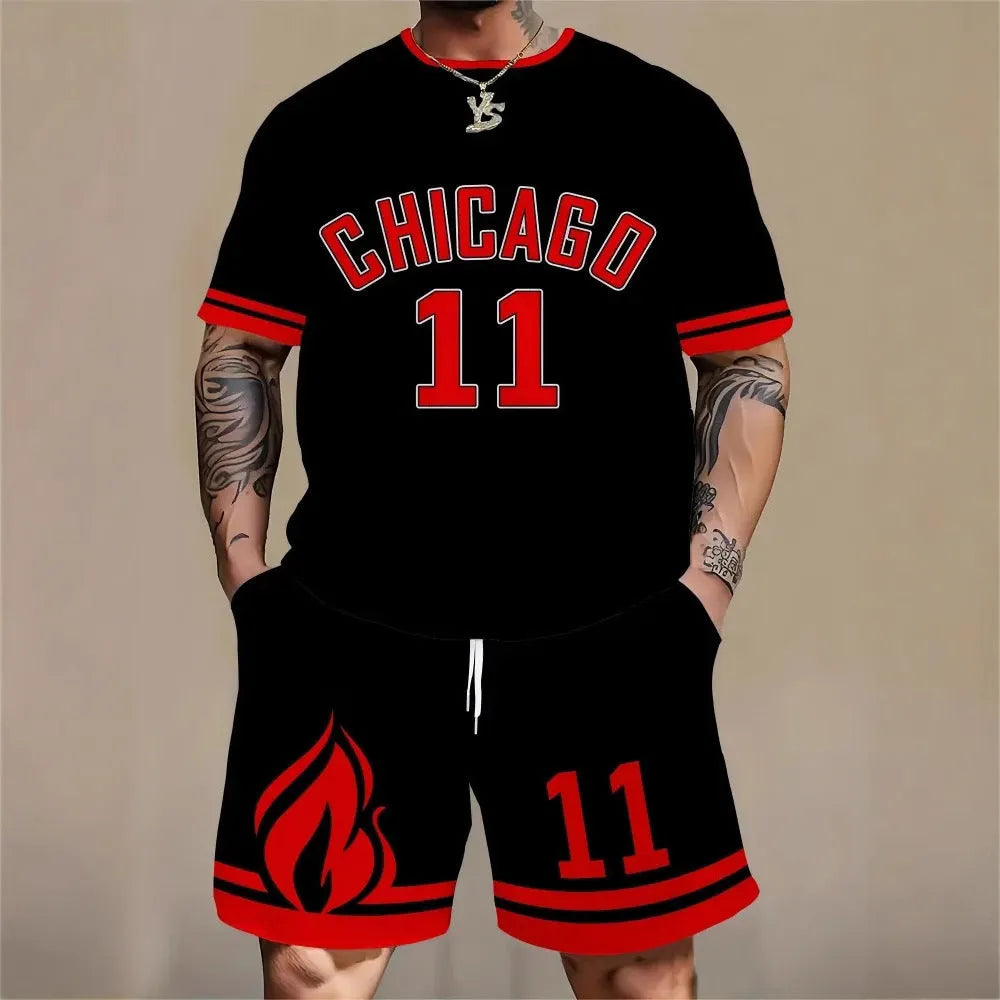 Men's grey sports suit with 3D printed white lettering on the short sleeve top and matching shorts.