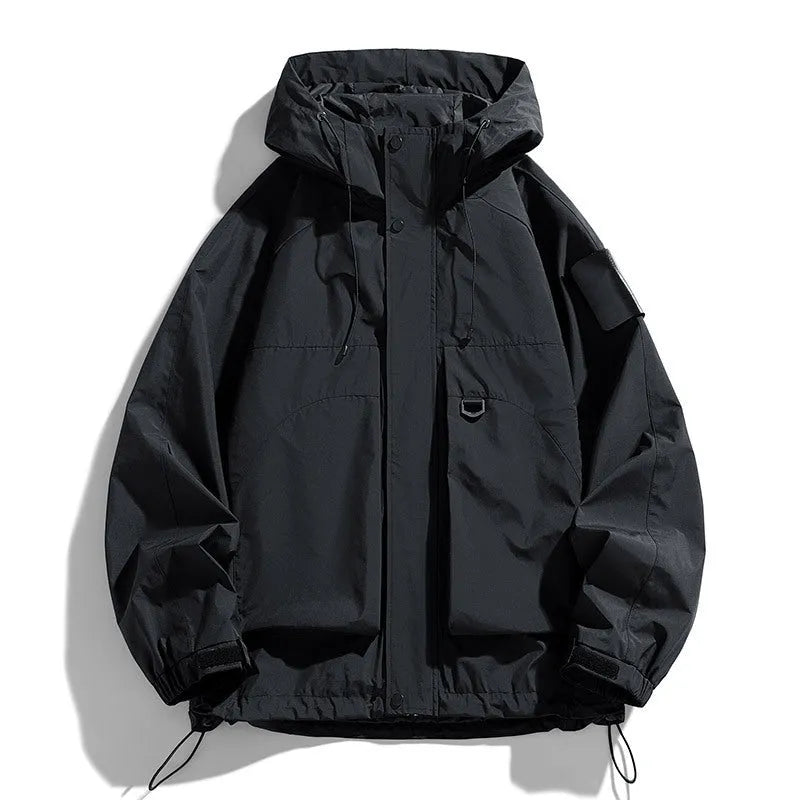 Men's waterproof windproof hooded jacket in black purple ginger yellow colours showing front view