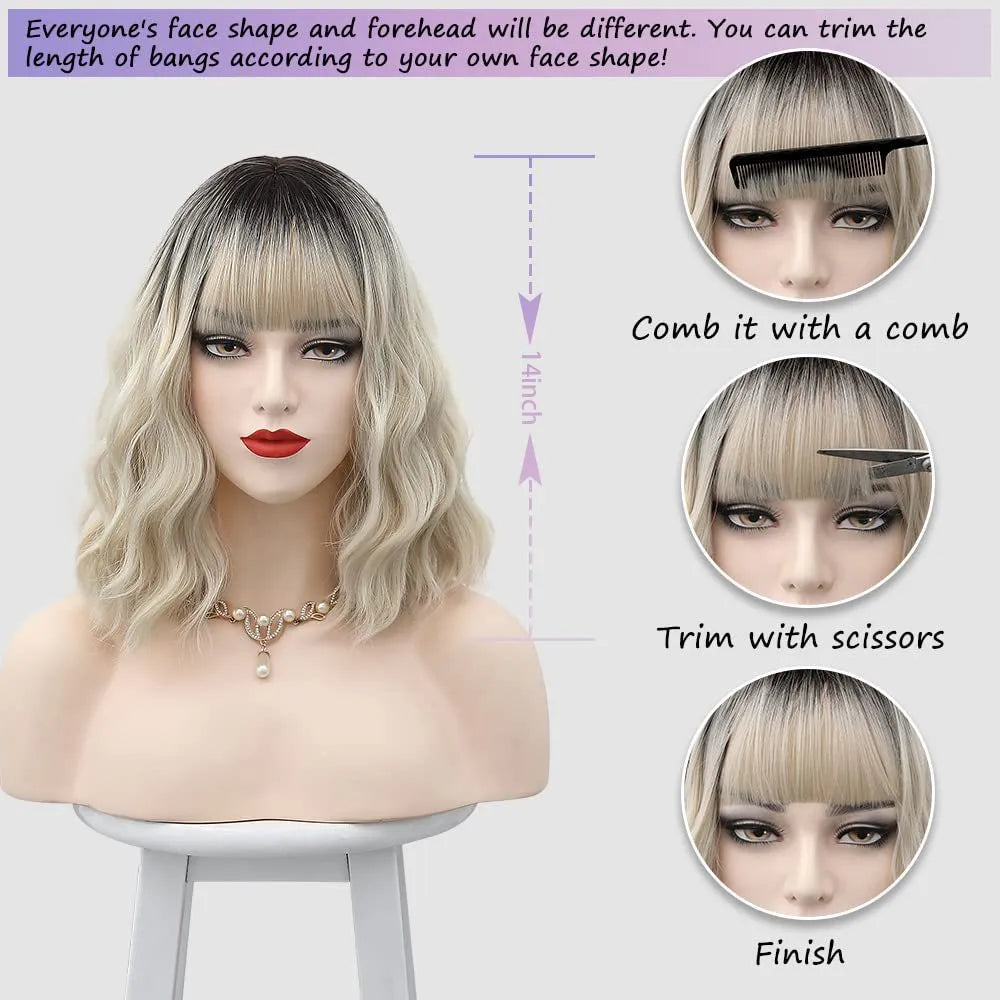 Women's ethnic style short hair wig in picture color with oblique bangs made of high temperature silk