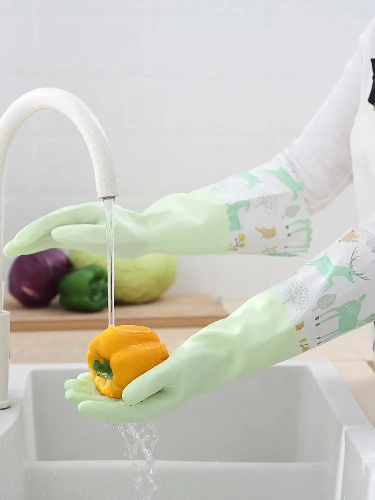 PVC waterproof cleaning gloves in Nordic blue with drawstring single layer collar