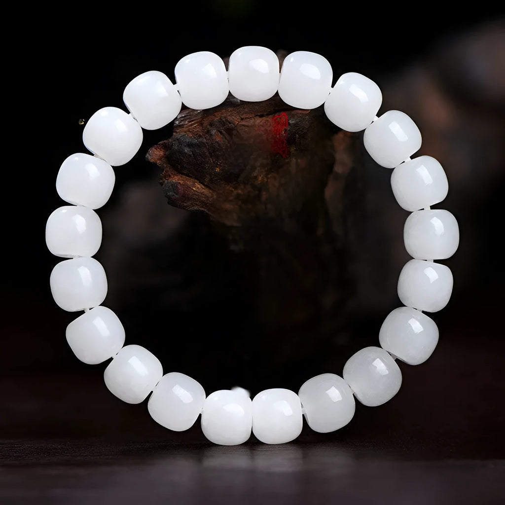 White jade barrel bead bracelet in Hetian jade showing three bead size options for men and women
