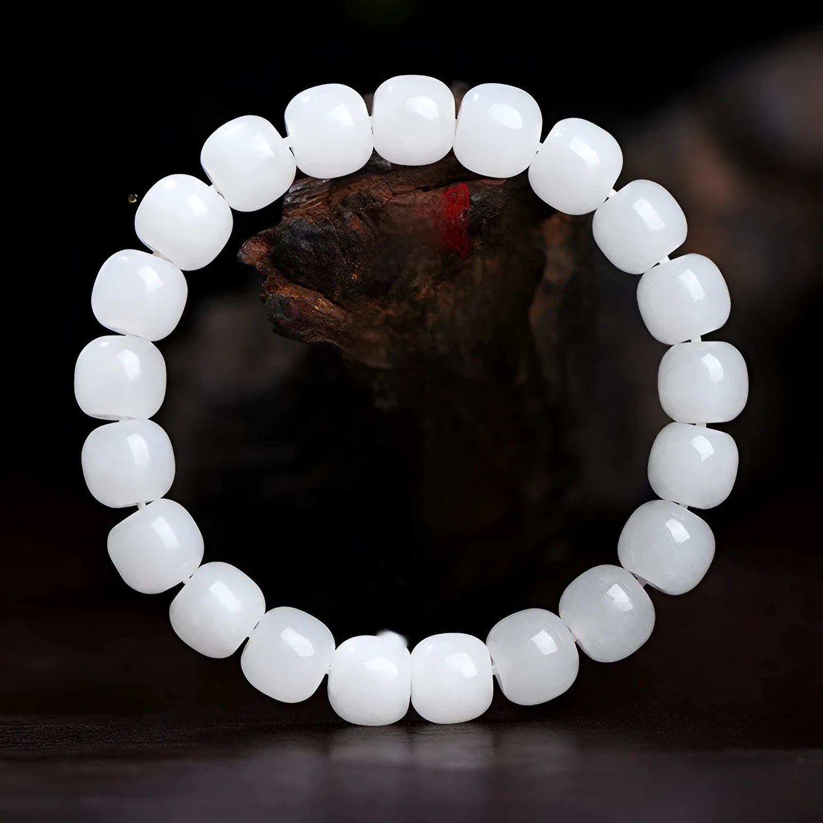 White jade barrel bead bracelet in Hetian jade showing three bead size options for men and women
