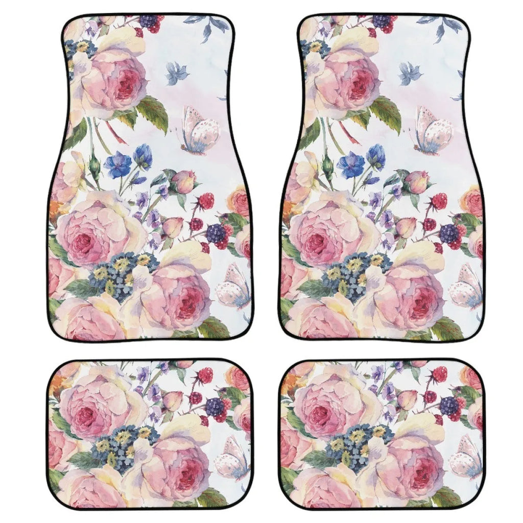 Black printed rubber car floor mats in a four-piece set, showing textured surface and 20mm thickness.