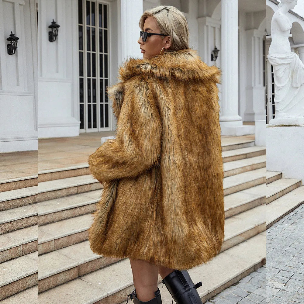 Yellow women's artificial fur coat with loose casual style and regular sleeves