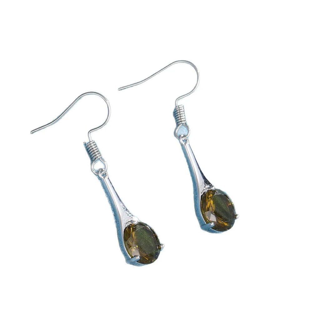 Olive green topaz drop earrings with water drop shape design and alloy construction