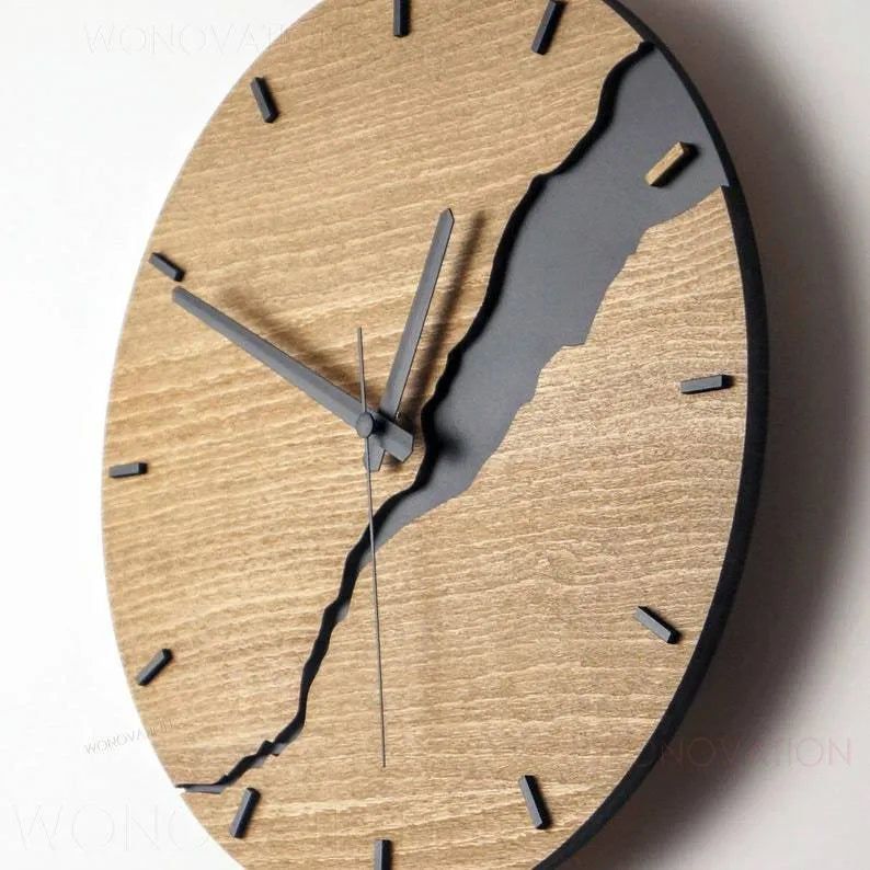 Wooden wall clock with creative crack pattern design in modern circular style