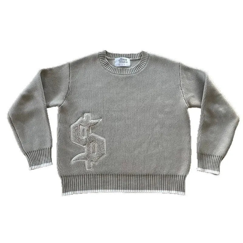 Grey jacquard knitwear coat with loose fitting design and long sleeves