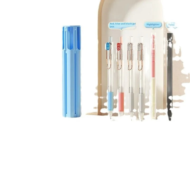 Plastic six pens pencil case kit in Sky Blue, Vigorous White and Girl Pink colours, showing Simple and Suite set options.