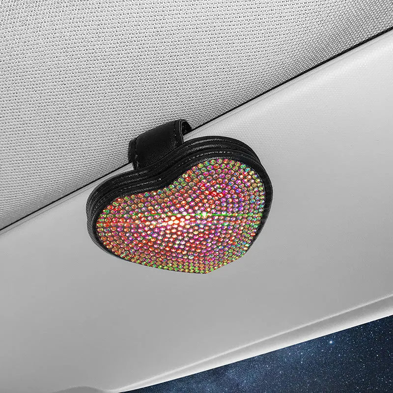 Diamond-encrusted PU leather car sun visor clip with magnetic closure for glasses and document storage