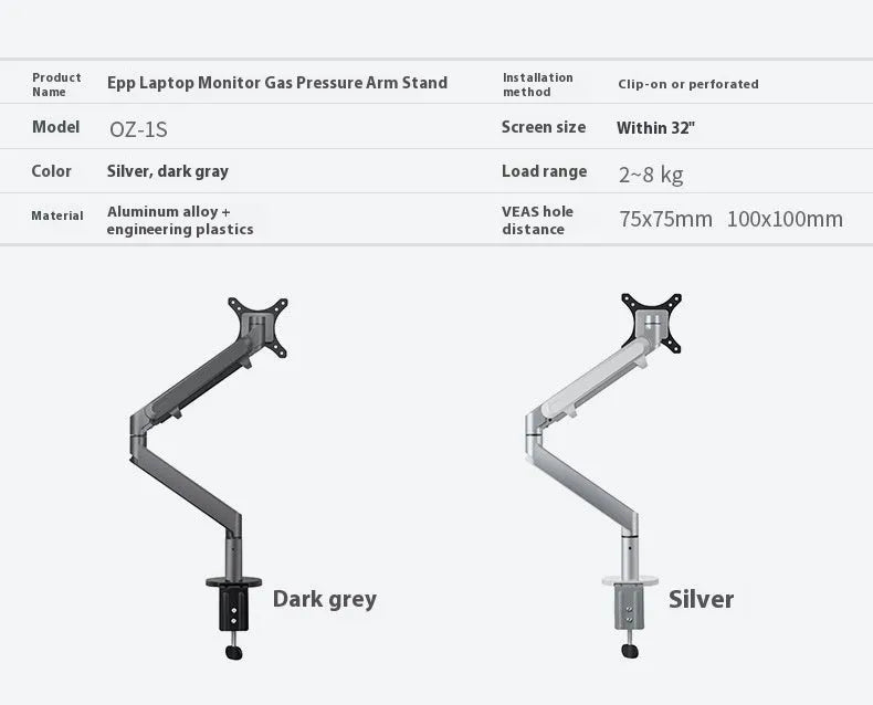 Silver aluminium laptop stand with hover design and air pressure arm bracket elevating a notebook