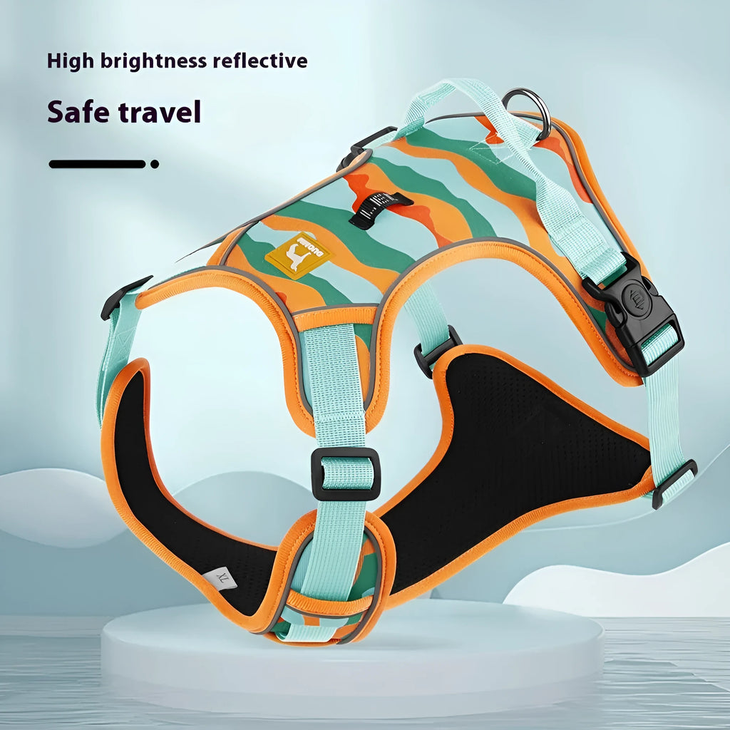 Orange reflective dog chest and back harness with hand-holding rope on a neutral background.