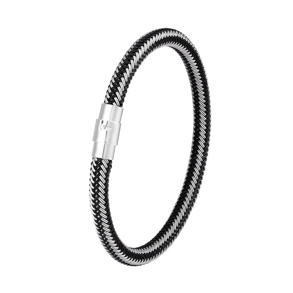 Titanium steel geometric wire bracelet with a magnetic clasp and charm socket.