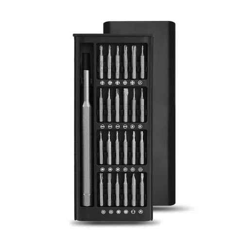 24-in-1 precision magnetic screwdriver set with aluminium and plastic handles, 4mm bits, and 125mm chrome vanadium steel bars