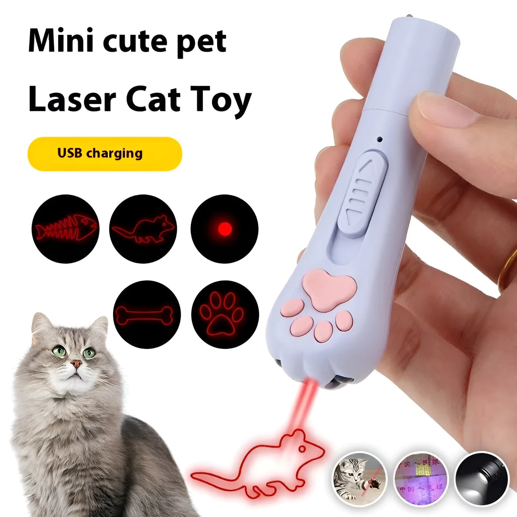Rechargeable infrared cat teasing stick with laser patterns, shown in blue colour with cat footprints design.