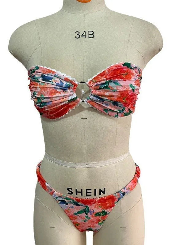Women's floral printed tube top bikini set with lace trim in blue colour