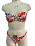 Women's floral printed tube top bikini set with lace trim in blue colour
