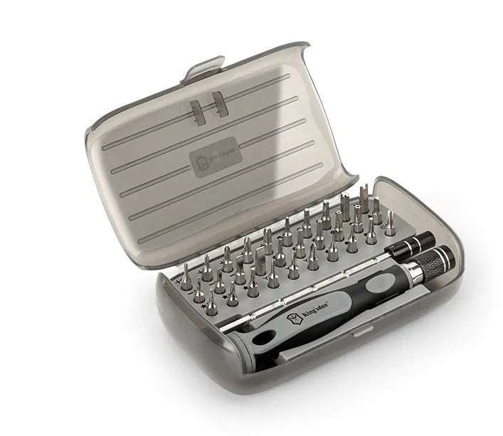 32 in 1 screwdriver set with 30 bits in neutral storage case measuring 130 x 75 x 37 mm