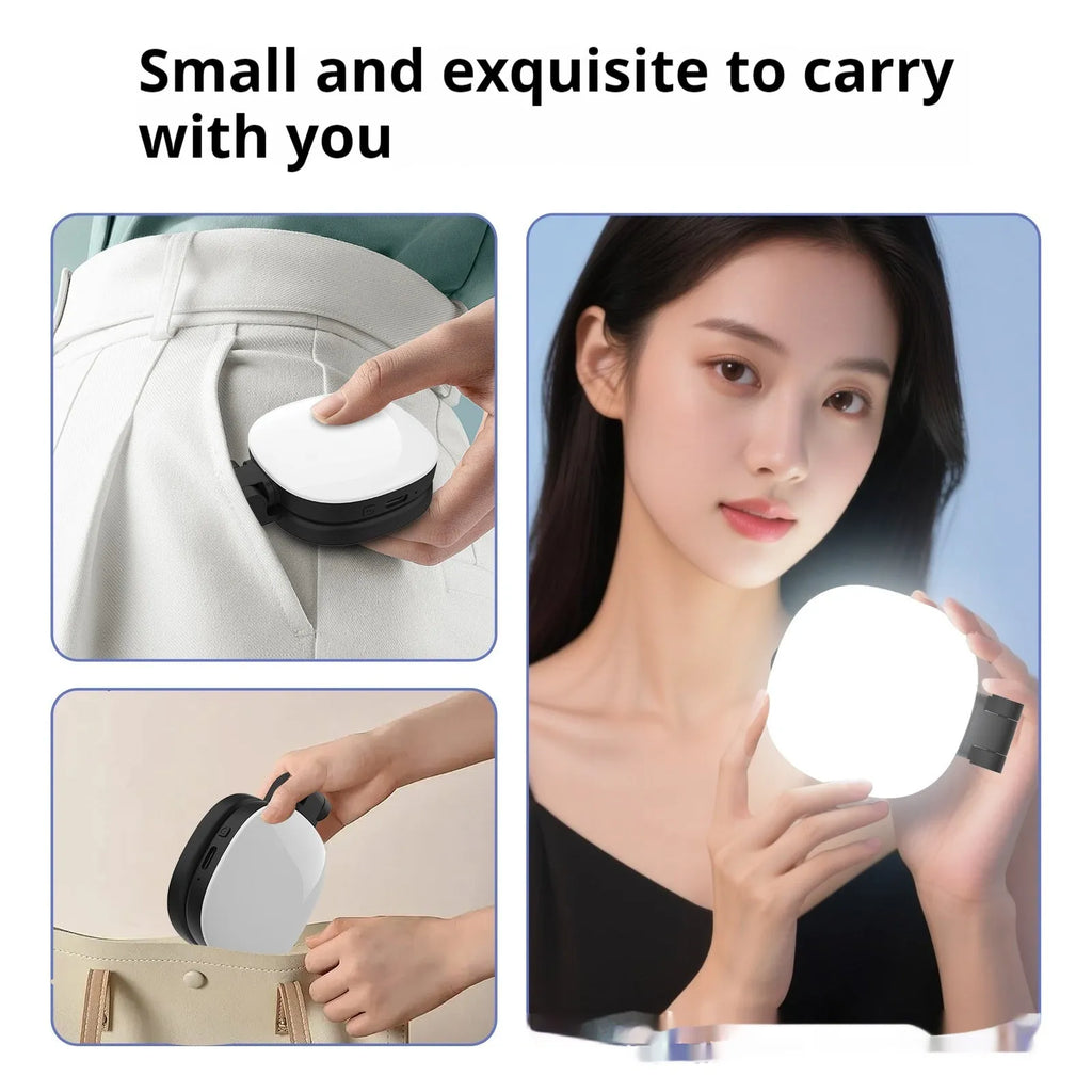 Mini portable mobile phone fill light with magnetic holder showing three colour temperature settings