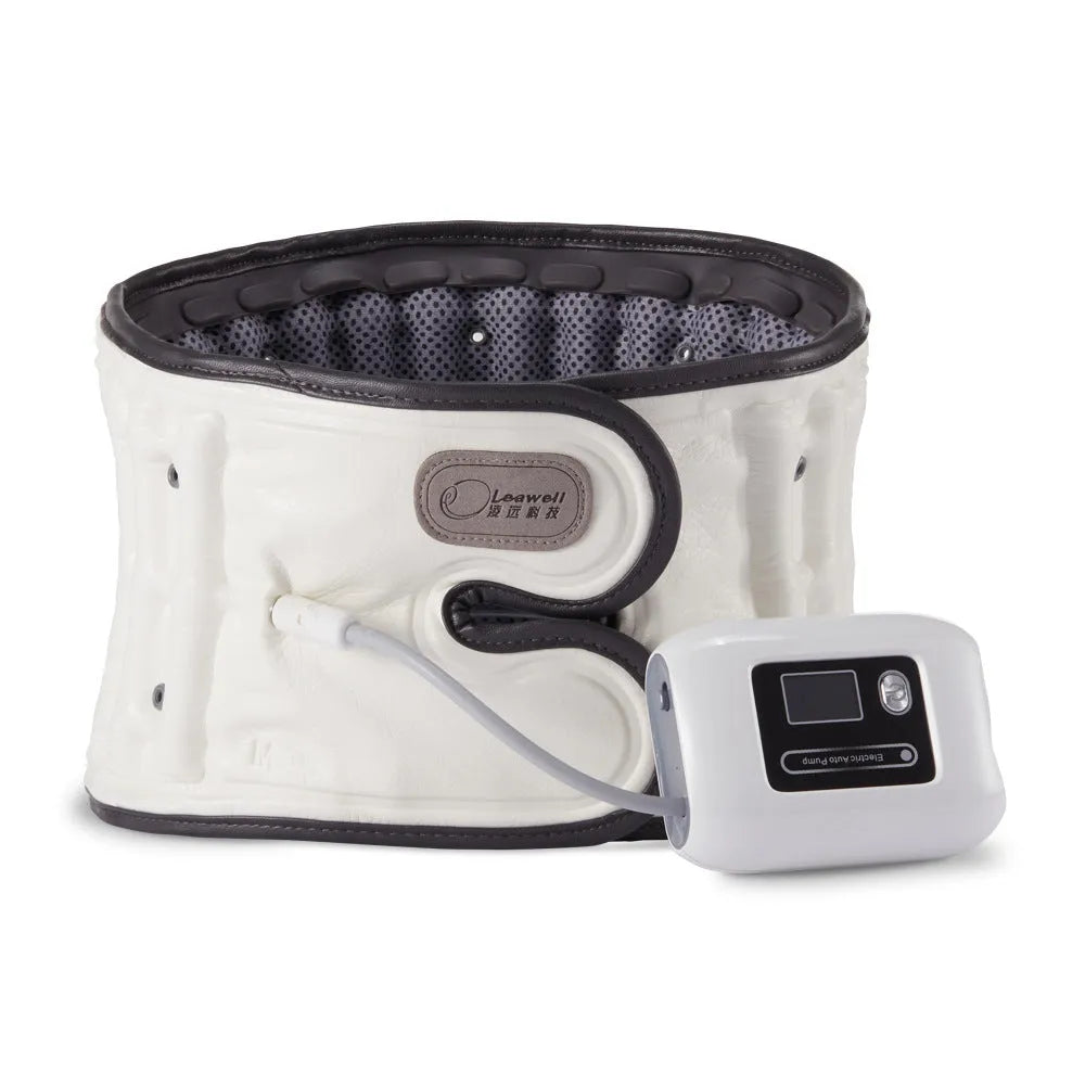 Lumbar waist supporter with automatic inflation for disc stretch correction, showing PU construction and UK power plug