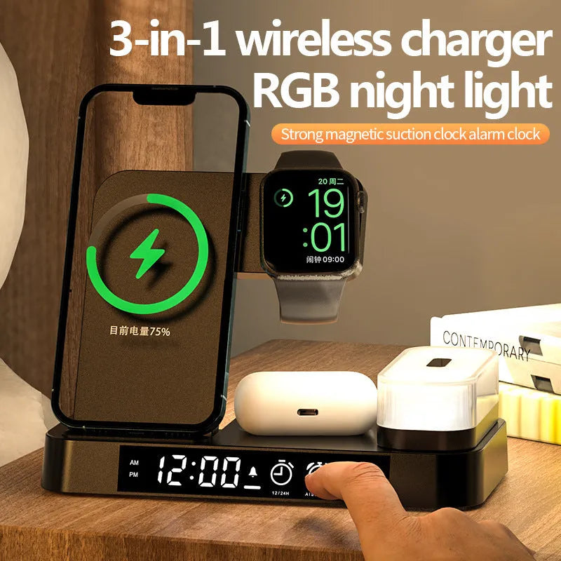 White 4-in-1 foldable wireless charging station showing phone charging on stand, with alarm clock display and RGB night light glow.
