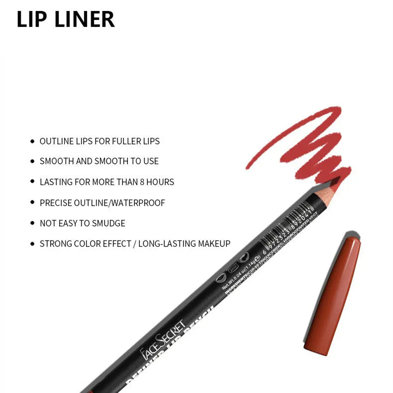 Matte finish lip liner pencil in wood casing showing 14 colour options numbered 201-214
