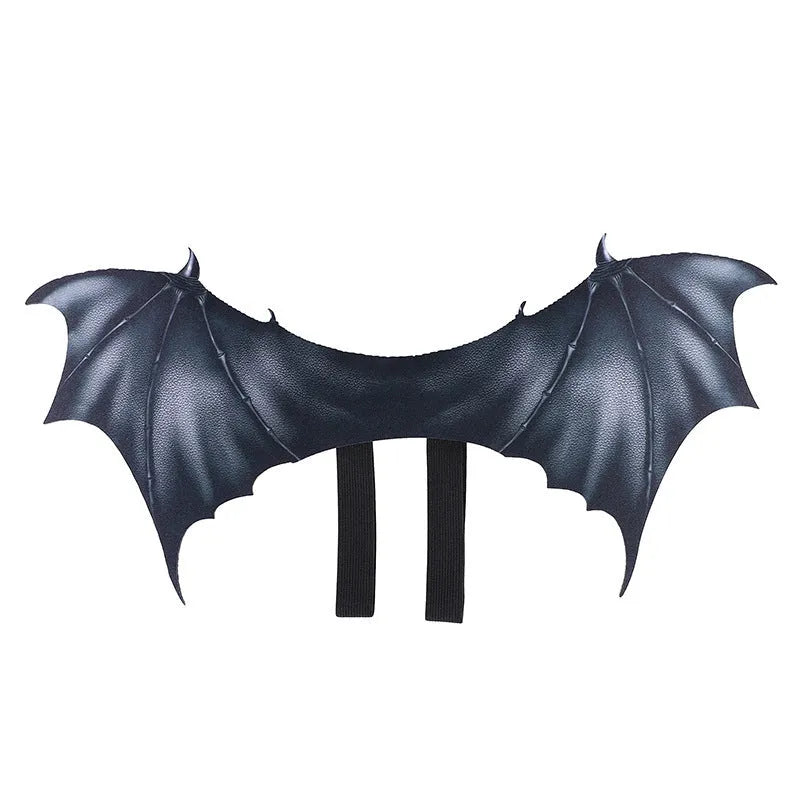 Black bat wing Halloween costume for pets showing three size options for cats and dogs