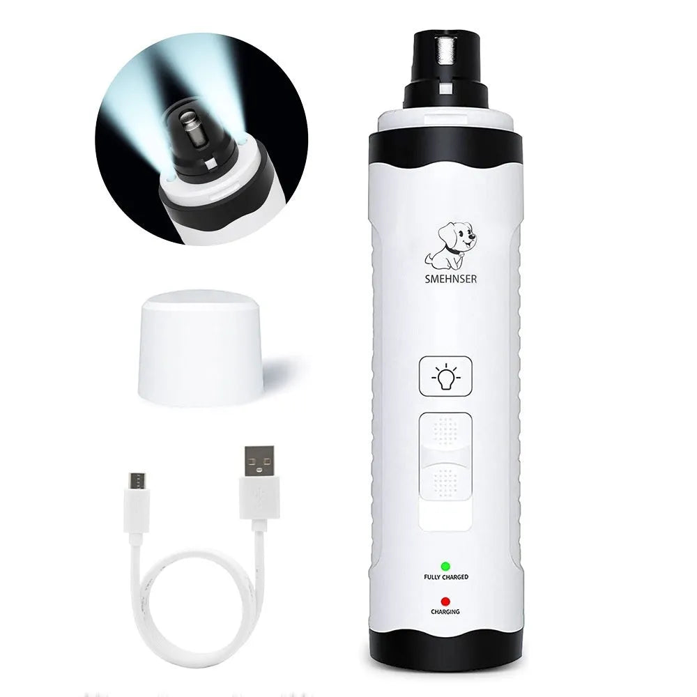 White and grey electric pet nail trimmer with LED display and dust collection port