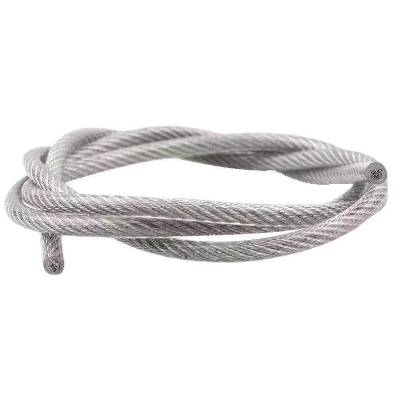 Close-up of a coated stainless steel anti-theft security cable showing its multi-strand construction.