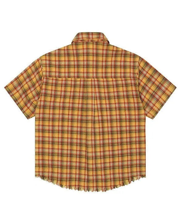 Yellow grid short sleeve plaid shirt with embroidered front pocket, loose fit unisex casual shirt