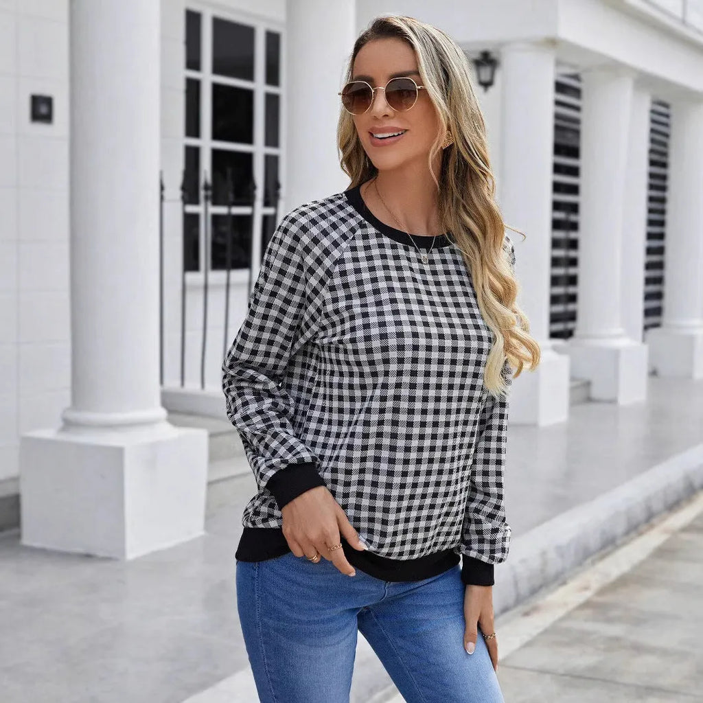 Black Japanese sweet plaid pullover long sleeve sweater with striped pattern on polyester fabric