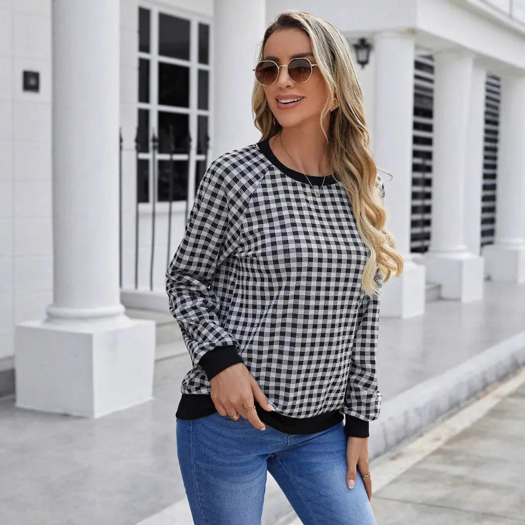 Black Japanese sweet plaid pullover long sleeve sweater with striped pattern on polyester fabric