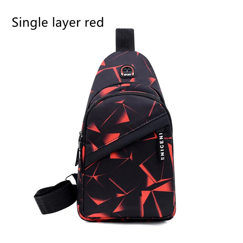 Men's black print sling chest bag with earphone hole and zipper, showing inner patch pocket.