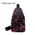 Men's black print sling chest bag with earphone hole and zipper, showing inner patch pocket.