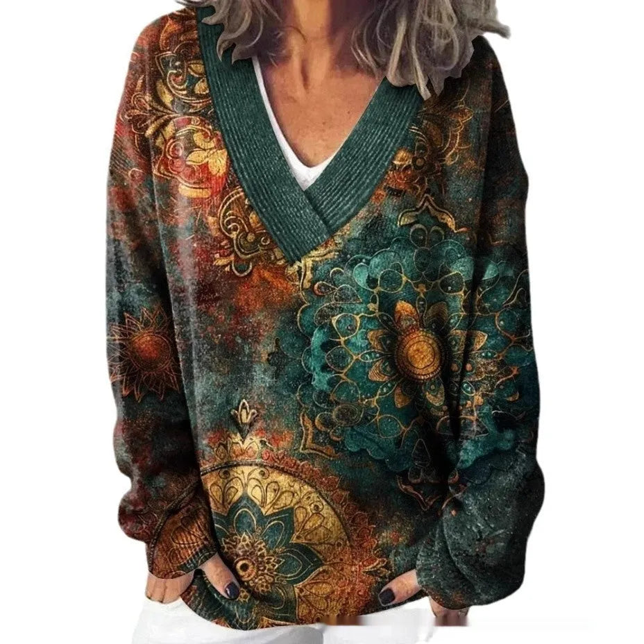 Women's grey 3D floral print sweatshirt with V-neck and long sleeves on a hanger