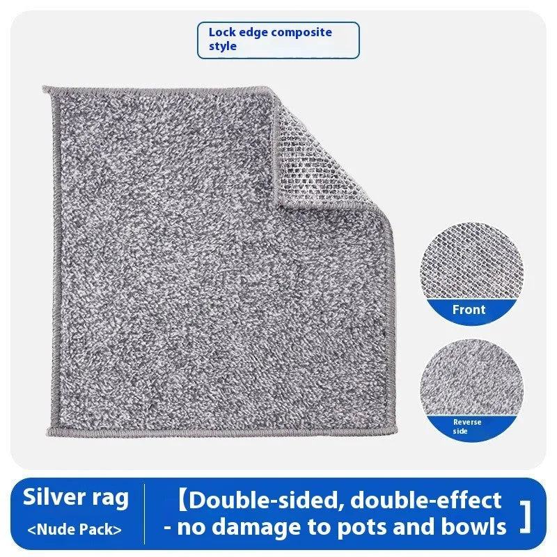 Silver double-sided kitchen scouring pad with a steel wool side and a grey microfiber rag side.