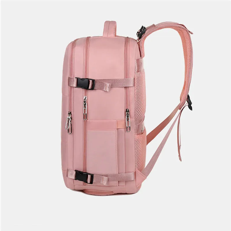 Large purple waterproof travel backpack for women with multiple compartments and an air pillow belt strap.