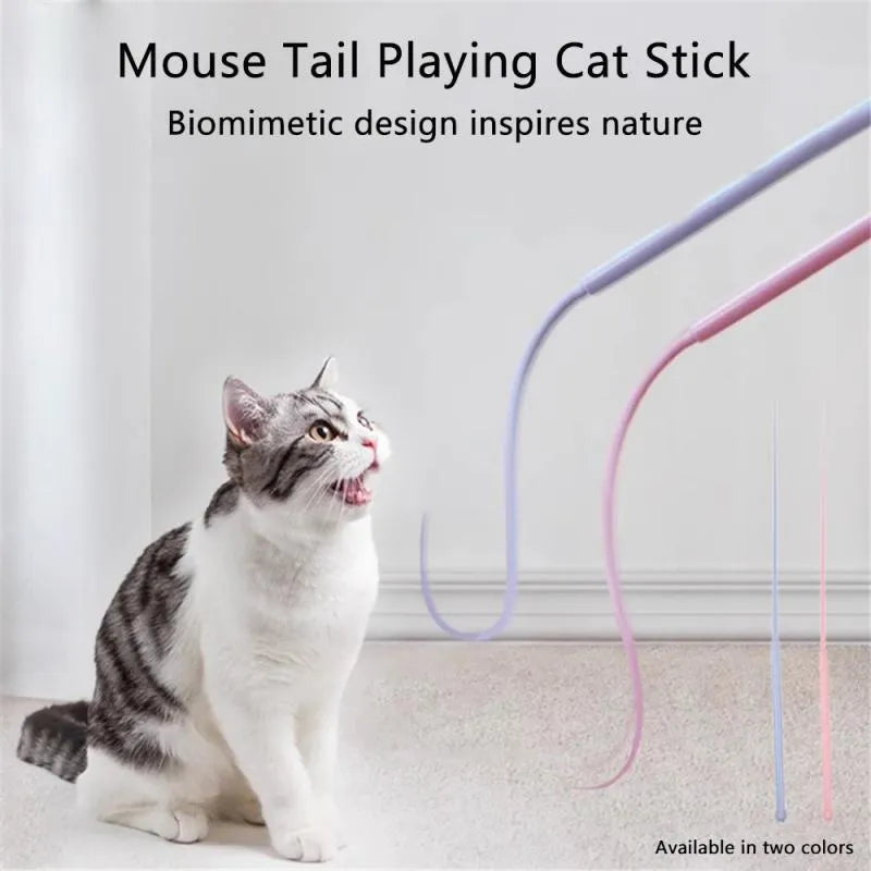 Simulated mouse tail cat teaser stick with flexible silicone tail and cat head design