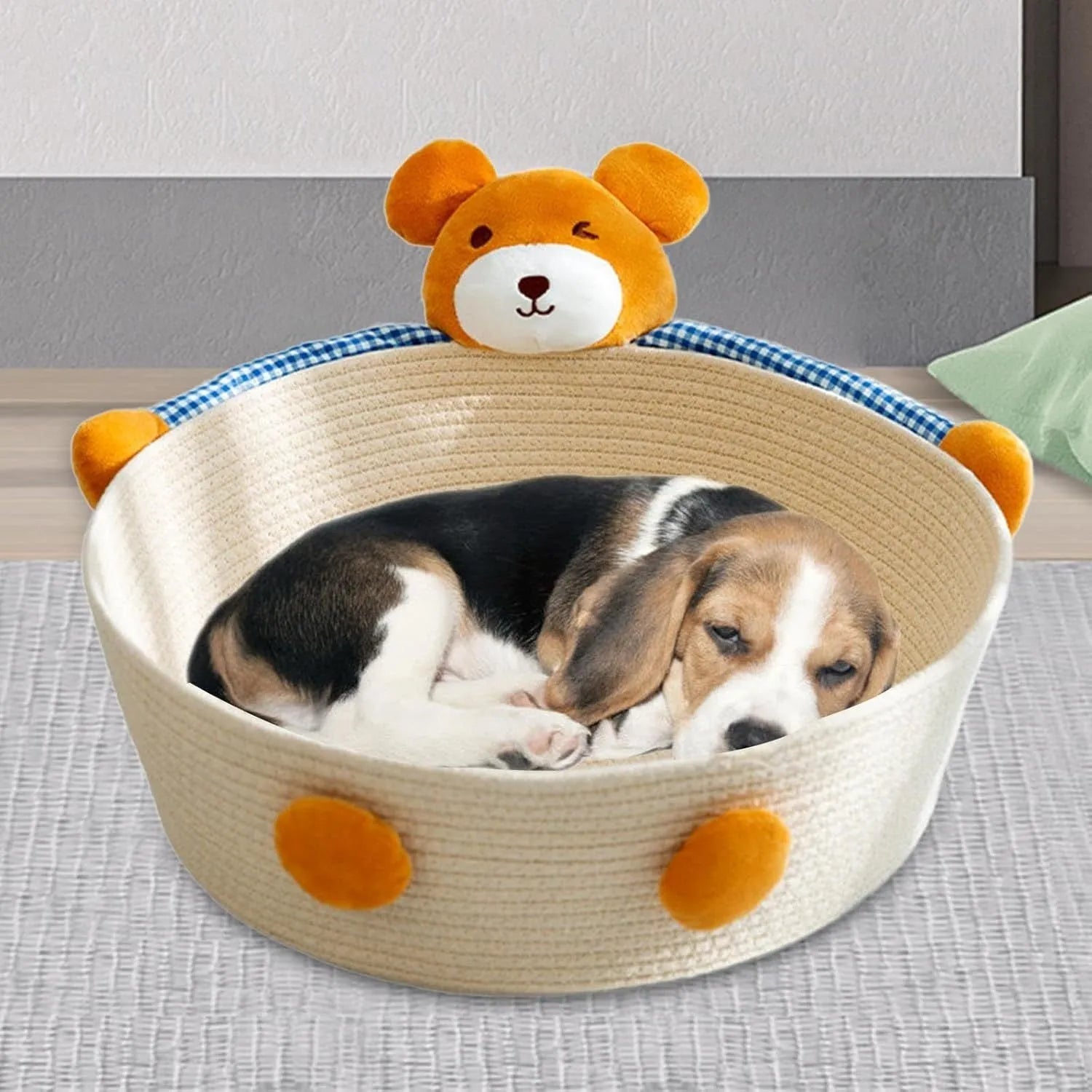 Woven cotton rope cat bed with scratch board in basket design for indoor pets