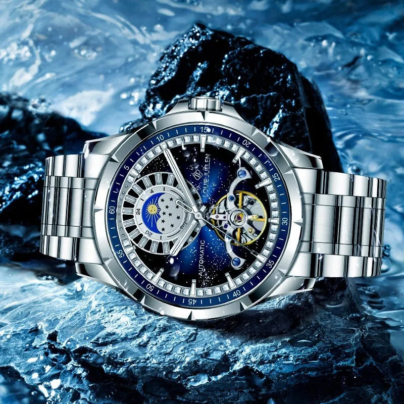 Men's waterproof automatic mechanical watch with silver case, blue dial and stainless steel strap