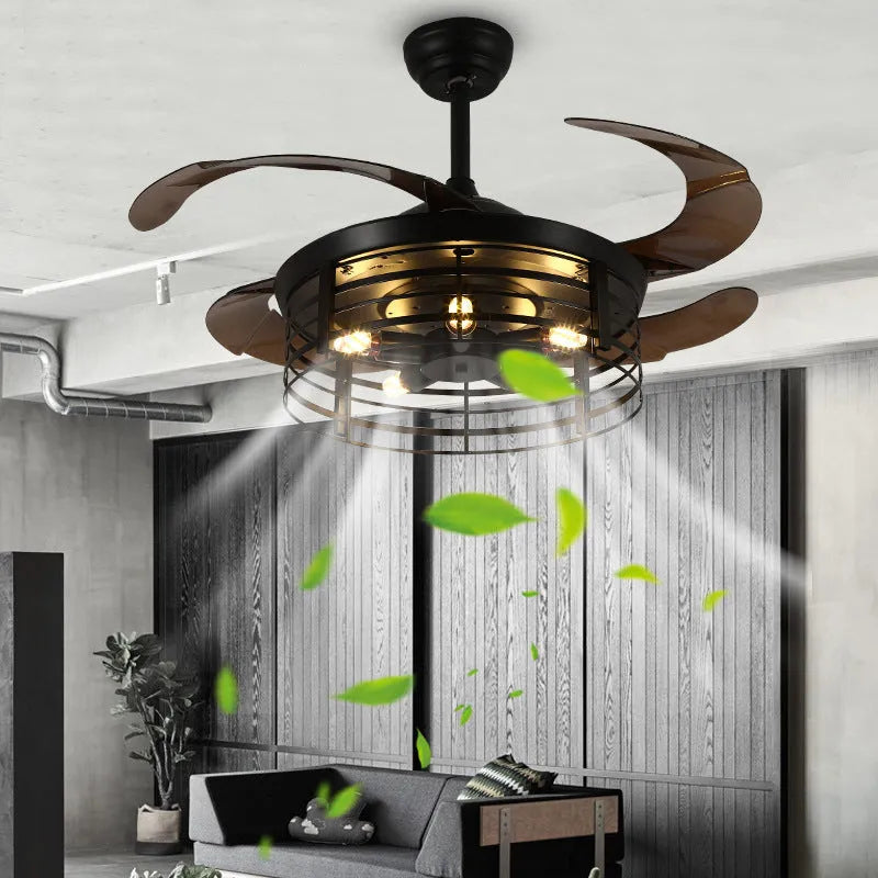 American retro style industrial wind invisible ceiling fan lamp with acrylic shade and remote control