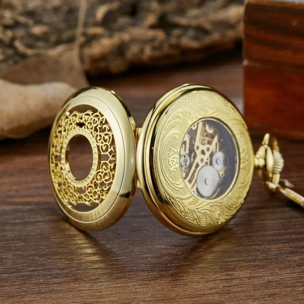 Retro automatic mechanical pocket watch with hollow floral dial and transparent back showing movement